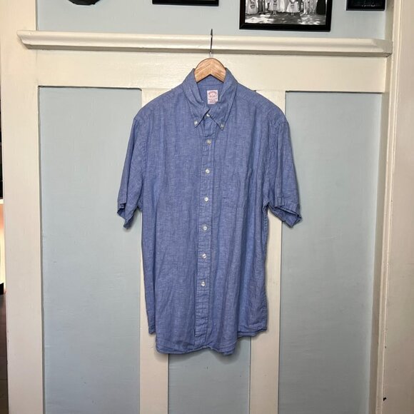 Brooks Brothers Blue Irish Linen Short Sleeved Collared Shirt - Picture 1 of 5